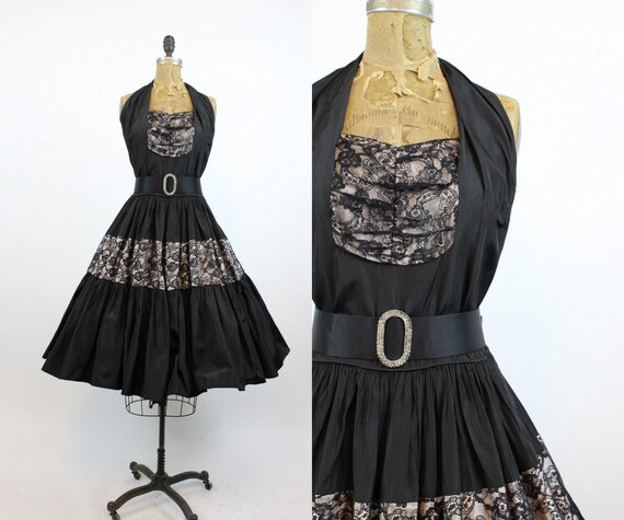 1940s halter dress | lace cocktail full skirt | sm