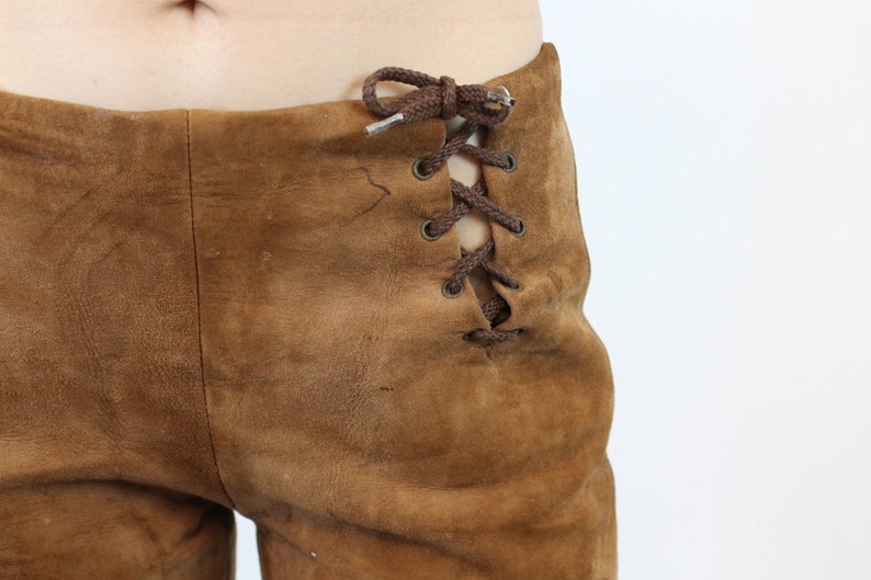 vintage deerskin bell bottoms 1970s suede lace up pants xs