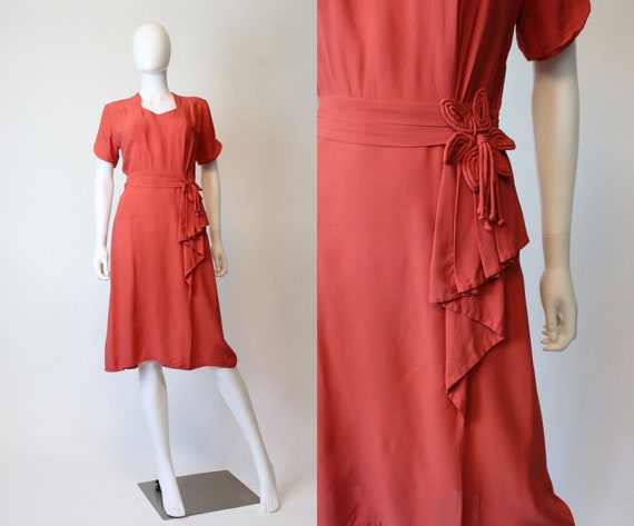 1940s coral rayon dress small | vintage tassel dre