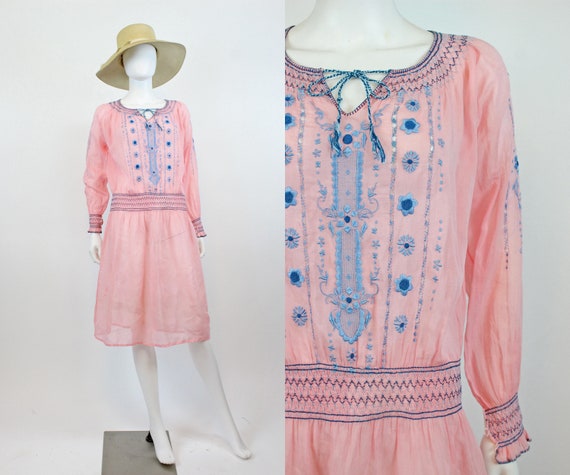 1920s RARE PINK Hungarian peasant dress small | v… - image 1