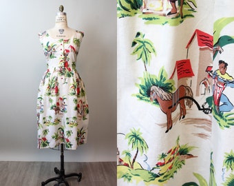 1950s NOVELTY PRINT tropical COTTON dress large | new spring summer