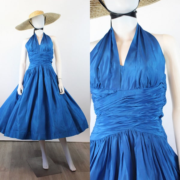 1950s HALTER COBALT silk taffeta dress xxs | new spring summer