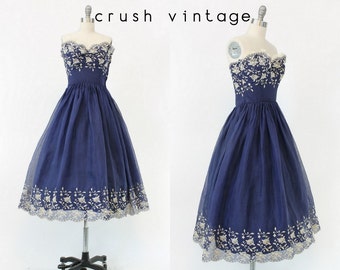 1950s embroidered strapless organza dress xs | vintage navy silk | new in