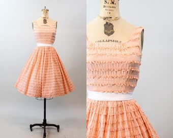 1950s LOOPED GINGHAM cotton print full skirt dress xxs | new spring summer