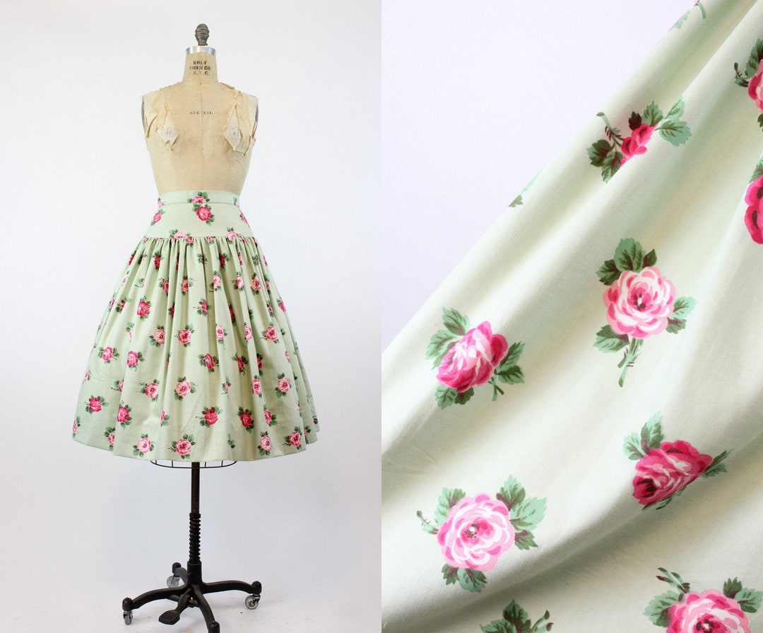 1950s Pink Long Stem Rose Print Skirt Top Set | XS/S