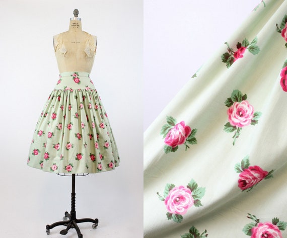 1950s rose print skirt xs | vintage pistachio chi… - image 1