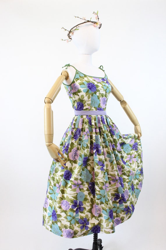 1950s floral dress | cotton rose print tie strap … - image 5