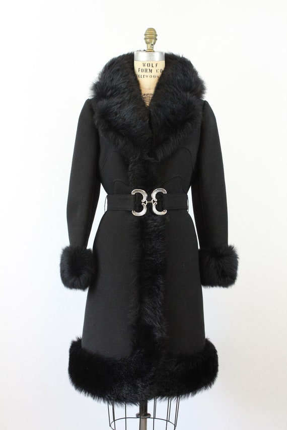 1960s black FAUX FUR belted coat medium | new win… - image 2