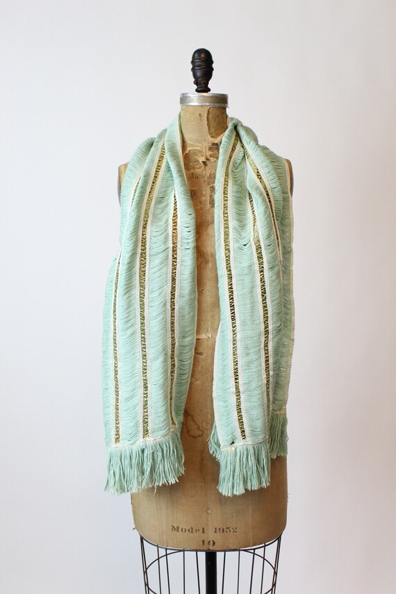 1950s gold and pistachio scarf | vintage fringe w… - image 2