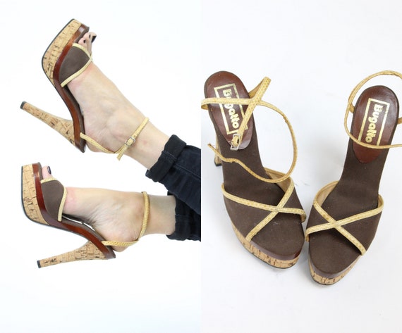 1970s platform shoes | cork heels ankle strap | s… - image 1