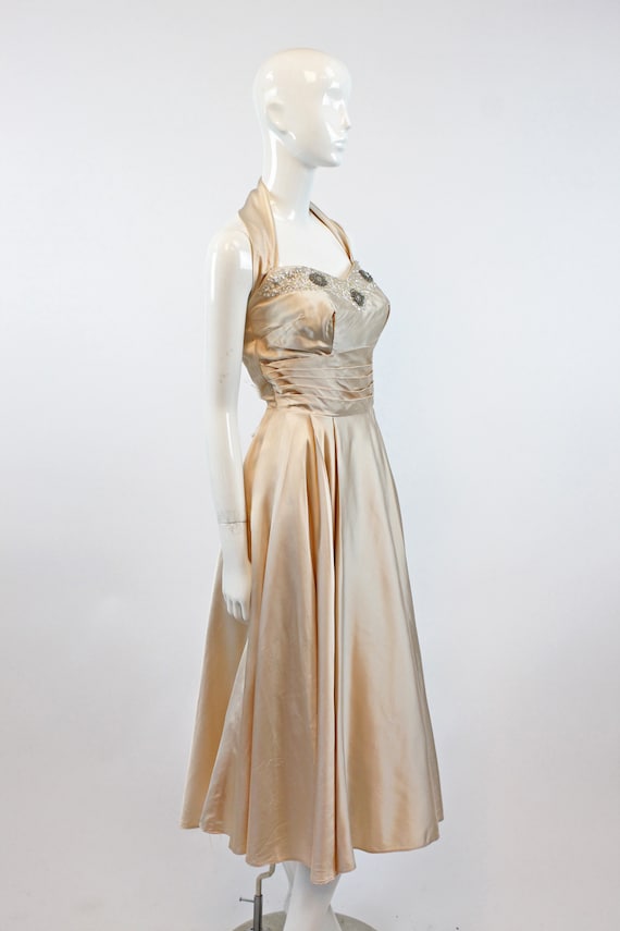 1950s nude satin beaded sequin halter dress | vin… - image 7