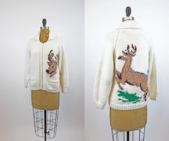 1960s Cowichan KNIT DEER cardigan sweater small m… - image 1