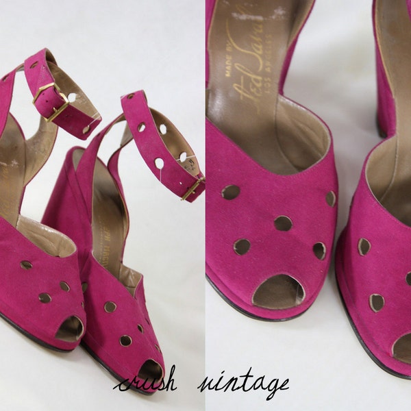 1940's Platform Shoes 4-4.5 / Magenta Sashay Wedges Suede Ankle Strap