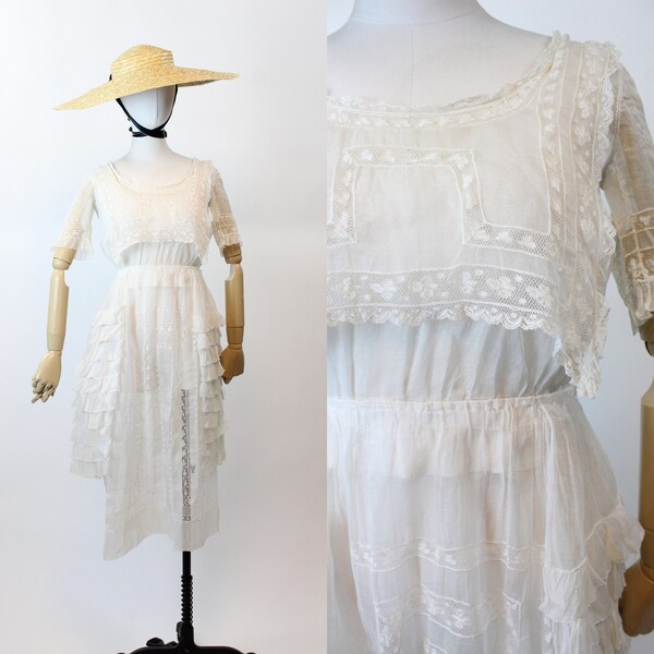 Vestido de encaje de algodón estilo eduardiano de la década de 1910, pequeño, nuevo, primavera-verano