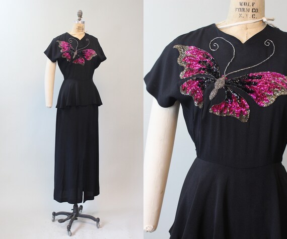 1940s BUTTERFLY sequin PEPLUM gown dress medium |… - image 1