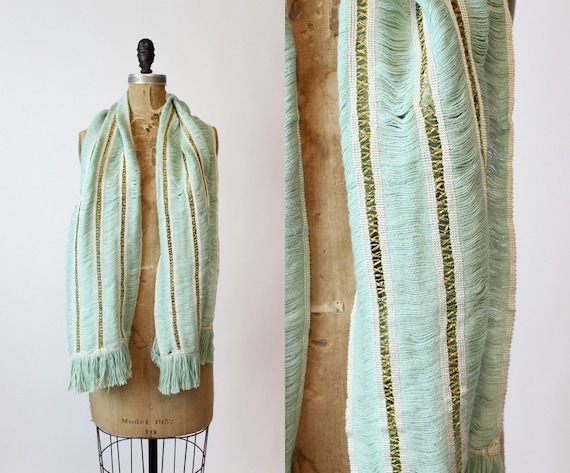 1950s gold and pistachio scarf | vintage fringe w… - image 1