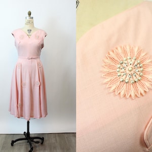 1940s LINEN applique rhinestone pearl dress LARGE | new spring summer