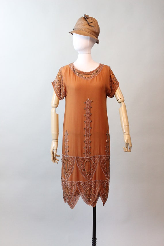 1920s rare PUMPKIN beaded GOLD STUD dress xs smal… - image 2