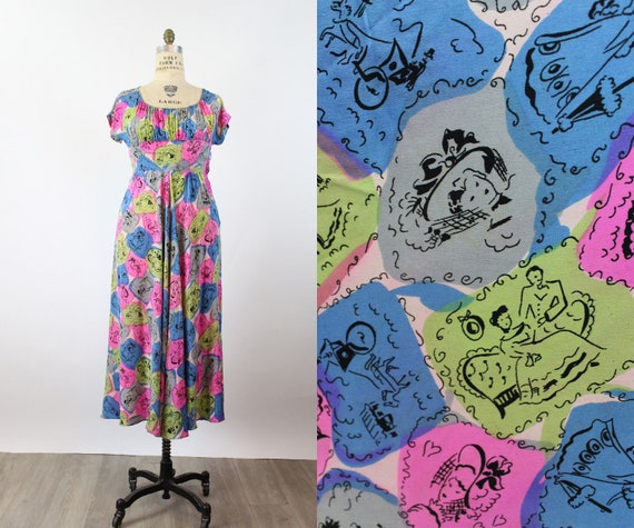 1940s women NOVELTY PRINT rayon gown dress medium… - image 1