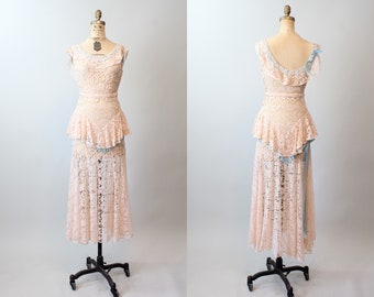 1930s PEACH LACE blue ribbon gown WEDDING dress xs | new spring summer