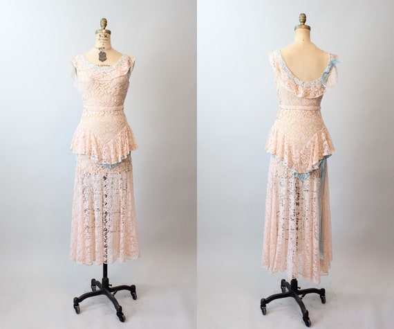 1930s PEACH LACE blue ribbon gown WEDDING dress x… - image 1