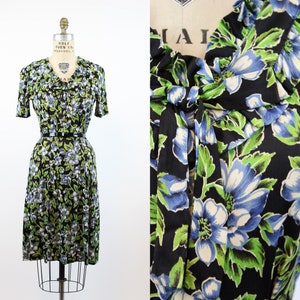 1930s rayon jersey anemone print dress small  | vintage floral dress | new spring summer
