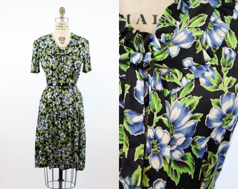 1930s rayon jersey anemone print dress small  | vintage floral dress | new spring summer