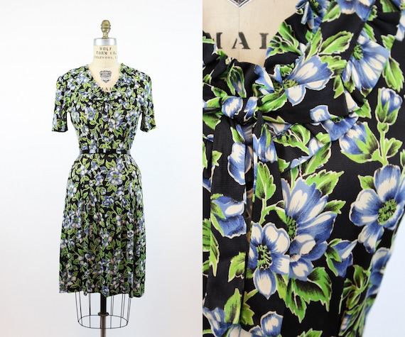 1930s rayon jersey anemone print dress small | vi