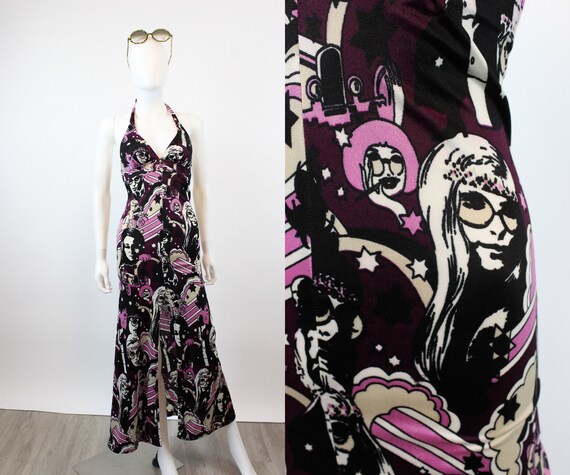 1970s JANIS JOPLIN hippie print halter dress xxs |
