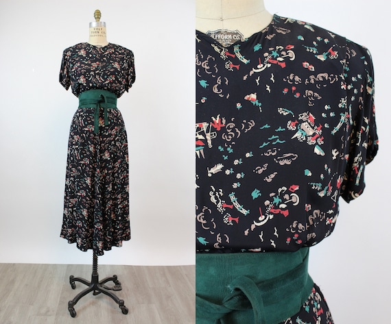 1940s ARTIST and BEACH print rayon dress medium no