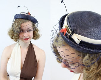 1960s straw tilt hat | vintage feather and bee fascinator