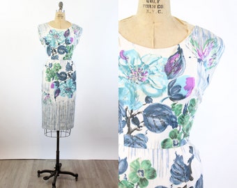 1950s SEQUIN cotton FLORAL print dress medium | new summer