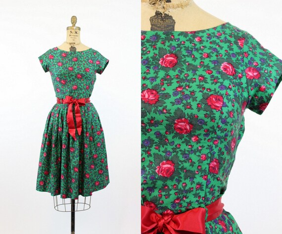 1950s rose print set dress xs | vintage novelty p… - image 1