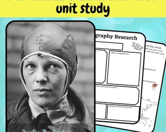 May include: Black and white photo of Amelia Earhart, a famous aviator, wearing a leather helmet and jacket. The image is part of a unit study about Amelia Earhart, with the text "Amelia, The Aviatrix" and "celebrate women in history".