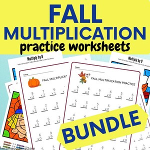 May include: A bundle of printable fall-themed multiplication worksheets for kids. The worksheets feature a color-by-number activity with a pumpkin and autumn leaves. The worksheets include multiplication problems for multiplying by 8 and 9.