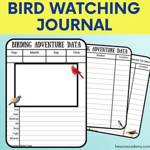 May include: Printable bird watching journal with a black and white grid for recording bird sightings. The journal includes sections for year, month, day, time, weather, location, species seen, size, color, markings, bill, song, flight, and behavior.