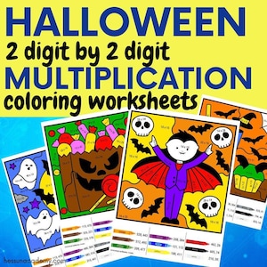 Könnte beinhalten: Drei Halloween-Malvorlagen mit einem Geist, einem Vampir und einem Kürbis. Jede Seite hat ein Raster mit Multiplikationsaufgaben, die gelöst werden müssen. Die Antworten entsprechen verschiedenen Farben auf einem Farbschlüssel. Der Farbschlüssel enthält 10 verschiedene Farben mit ihren entsprechenden Multiplikationsantworten.