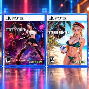 Op de afbeelding: Drie PlayStation 5 videogamehoesjes voor Street Fighter 6. Het linkerhoesje toont een personage in een rode outfit. Het middelste hoesje toont een personage in een zwart-witte outfit. Het rechterhoesje toont een personage in een groene bikini met een bal.