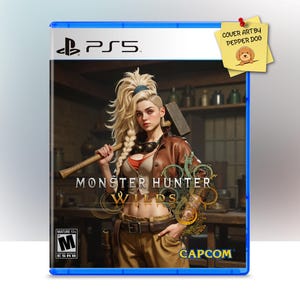 May include: A blue PlayStation 5 game case featuring a woman holding a hammer in front of a wooden background. The game title is "Monster Hunter Wilds" with the Capcom logo at the bottom.