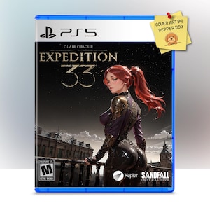 Puede incluir: Caja de juego de PS5 azul para "Clair Obscur: Expedition 33". La portada, de Pepper Dog, muestra a una mujer pelirroja con un atuendo oscuro. La caja del juego tiene la clasificación ESRB "M" para mayores de 17 años.
