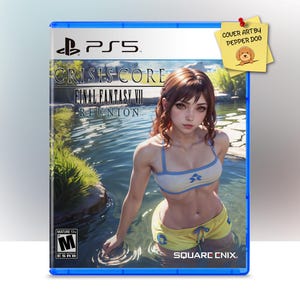 Könnte beinhalten: Ein blaues PlayStation 5-Spielecase mit einer Frau in einem blau-gelben Badeanzug auf dem Cover. Das Spiel heißt "CRISIS CORE -FINAL FANTASY VII- REUNION".
