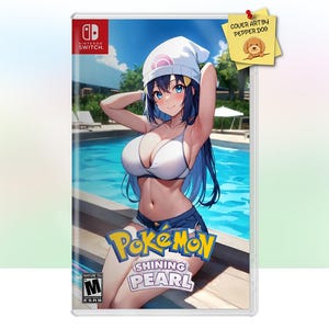 Pode incluir: Uma capa de jogo para Pokémon Pérola Brilhante, com uma mulher de cabelo azul vestindo um maiô branco e um chapéu branco, em pé em uma piscina. O jogo é classificado como M para Adultos.