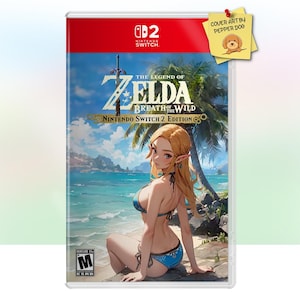 May include: The Legend of Zelda: Breath of the Wild Nintendo Switch 2 Edition game case. The cover art features a woman on a beach with palm trees and ocean in the background. A yellow sticky note with a dog illustration is attached.