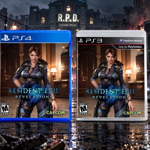 May include: Two video game cases for Resident Evil Revelations, one for PS4 in a blue case and one for PS3 in a clear case. Both feature a character in tactical gear, the game title, an M rating from the ESRB, and the Capcom logo on the front cover.