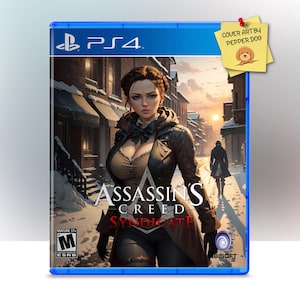 Peut inclure: Boîtier de jeu PS4 pour Assassin's Creed Syndicate. La couverture présente une femme dans une scène hivernale, avec le titre du jeu bien en évidence. Le boîtier est bleu avec le logo PS4.