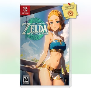May include: A video game cover art for The Legend of Zelda: Tears of the Kingdom, featuring a female character with blonde hair wearing a blue and gold bikini top and a gold skirt. The background is a green and blue landscape.