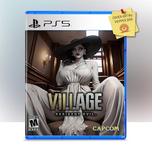 Puede incluir: Una portada de videojuego para Resident Evil Village, un juego de PlayStation 5. La portada presenta a una mujer con un vestido blanco y un sombrero negro, sentada en una escalera. El título del juego "VILLAGE" está escrito en letras doradas, con "RESIDENT EVIL" escrito en letras más pequeñas debajo. La portada es azul con un borde blanco.