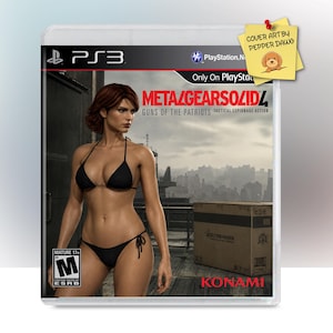 May include: A PlayStation 3 game case for Metal Gear Solid 4: Guns of the Patriots. The cover features a person with short brown hair wearing a black bikini, standing near a cardboard box on a rooftop. An ESRB M rating and Konami logo are visible.