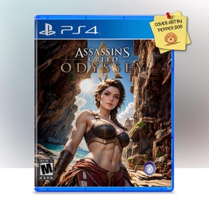 May include: A blue PlayStation 4 game case featuring a woman on the cover. The game is Assassin's Creed Odyssey. The woman is wearing a brown leather strap across her chest and a red skirt. The background is a stone building with a blue sky.