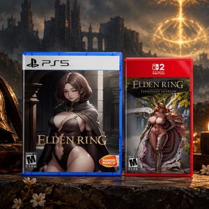 May include: A blue PlayStation 5 game case featuring a character in a dark outfit and the title Elden Ring, next to a red Nintendo Switch game case titled Elden Ring Tarnished Edition with a character in golden armor and a cape.